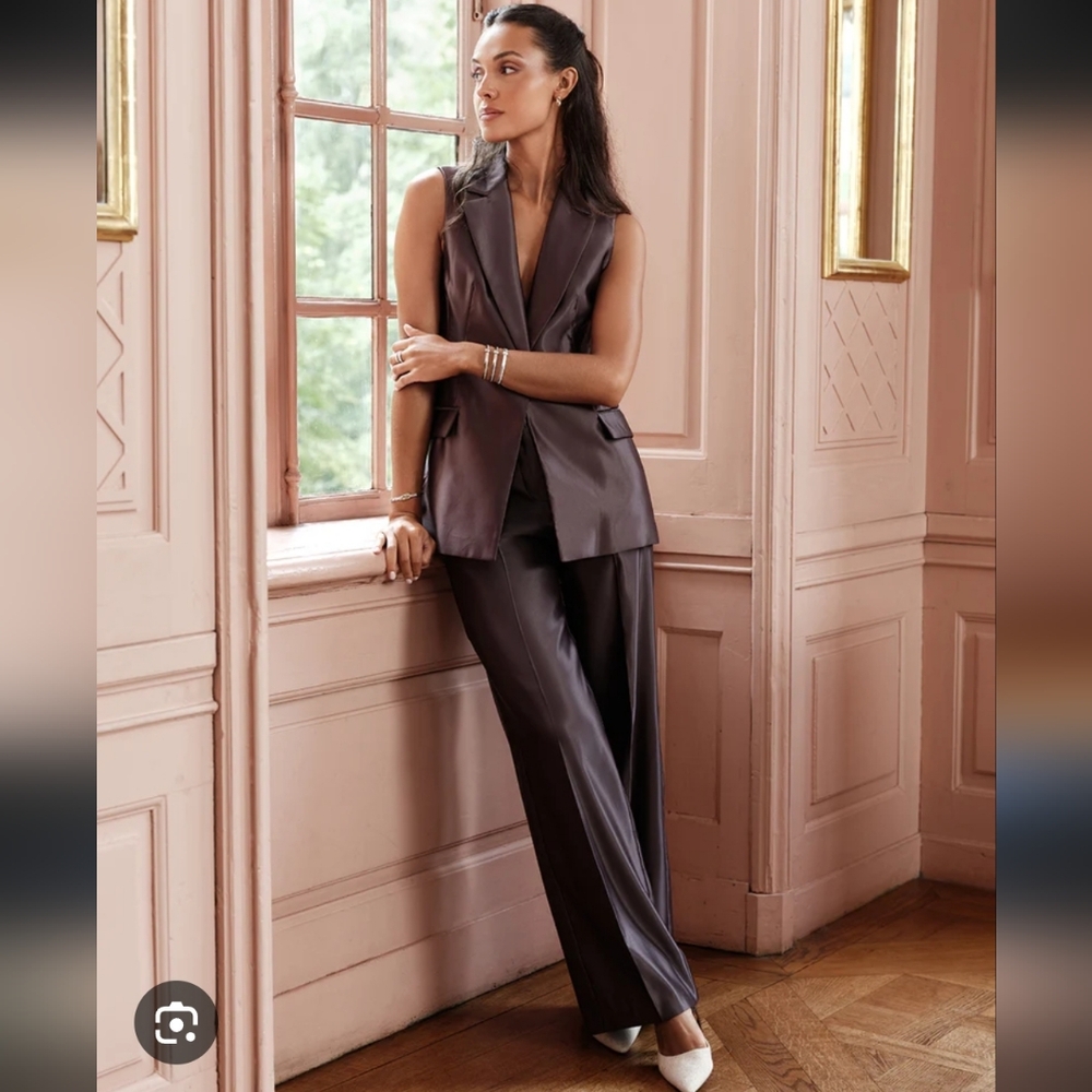 Zara 2 Pc Set Vest & Straight Pants Satin Effect Mocha - Picture 8 of 17